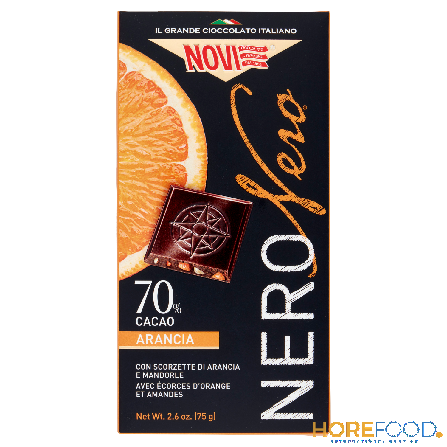 Cioccolato Nero Arancia e Mandorle, 75 g - NOVI